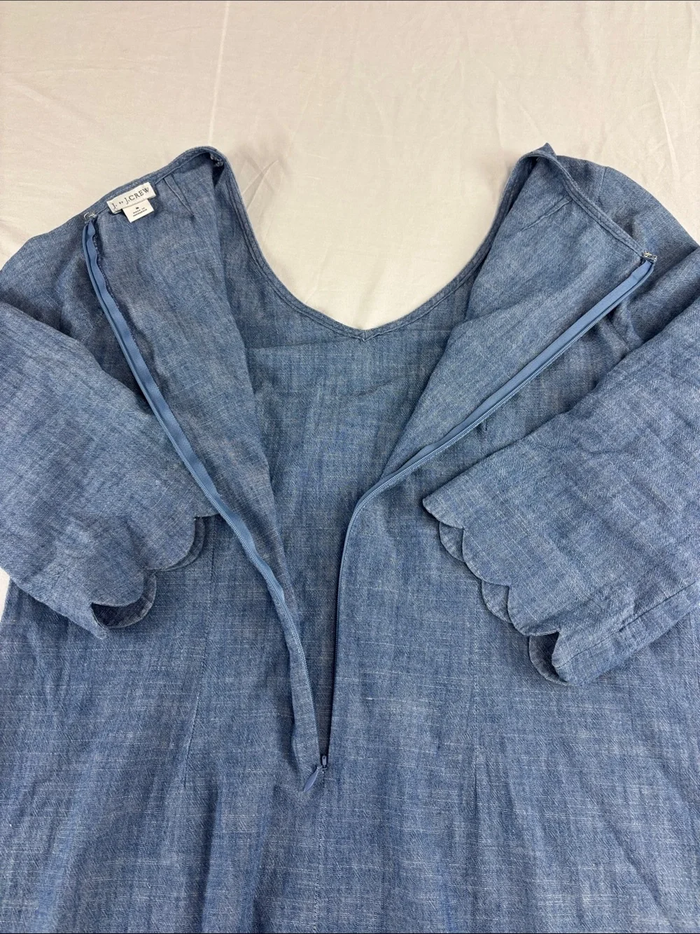 J. Crew Blue Chambray V-Neck Dress with Scalloped Sleeves